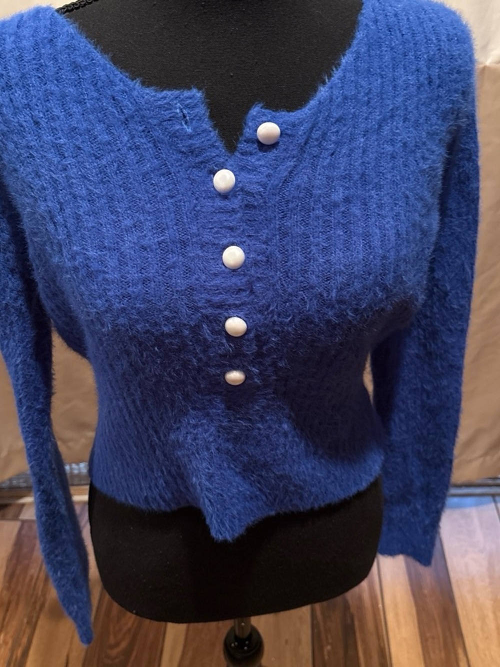 Button-Front Fuzzy Knit Cardigan in Vibrant Blue